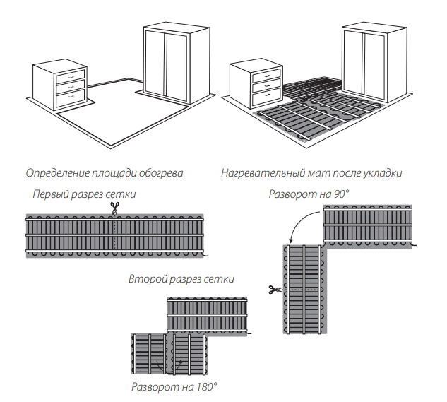 Схема монтажа нагревательного мата Warmstad WSM-910-6,0 под плитку в плиточный клей